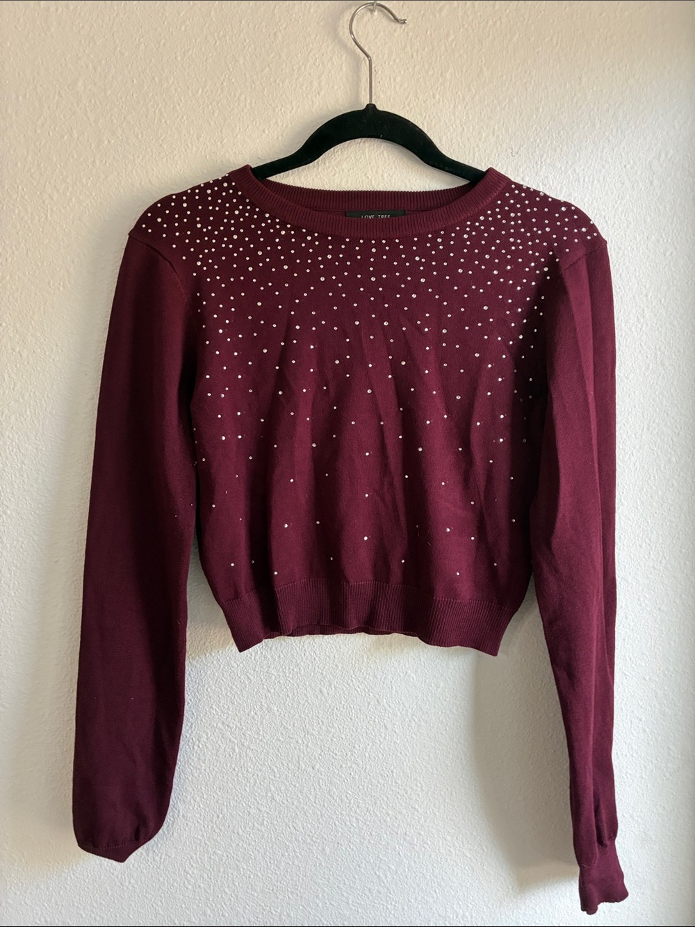 Love Tree Burgundy Rhinestone Accent Crewneck Sweater